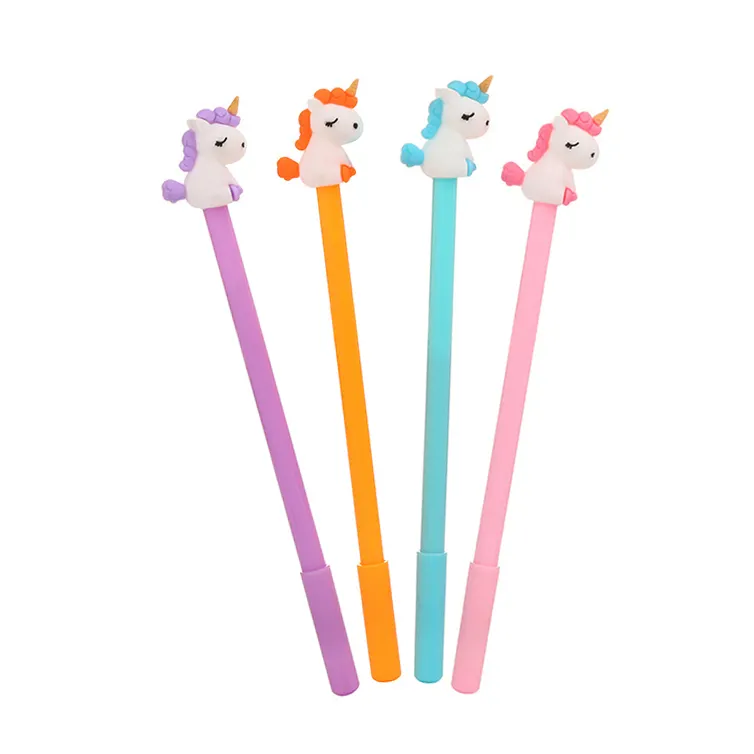 Promotional low MOQ personalised custom logo cute cartoon unicorn topper cheap plastic gel ink ballpoint pen ball point pen