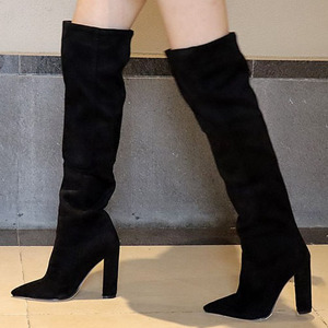 Bottes pour femmes en daim massif à talon épais, rouges, à talon haut, cuissardes, à enfiler, avec fourrure courte, pour l'hiver, au-dessus du genou - Product Image 2