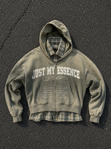 Sweat à capuche zippé vintage délavé pour homme, effet deux pièces, avec empiècements à carreaux sur le bas, coupe courte - Product Image 1