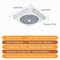 Ventilador de Techo Empotrado de 60x60cm con Luz LED de Anillo, 30W, 6 Velocidades, Control Remoto Gradual para Oficina, Hotel, Interior