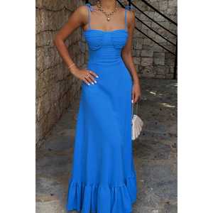 Vestido Azul de Talla Grande con Técnica de Crochet, Elegante, con Cuello Halter, Volantes, Viscosa, para Fiesta, Club, Día de San Valentín, Primavera - Product Image 5