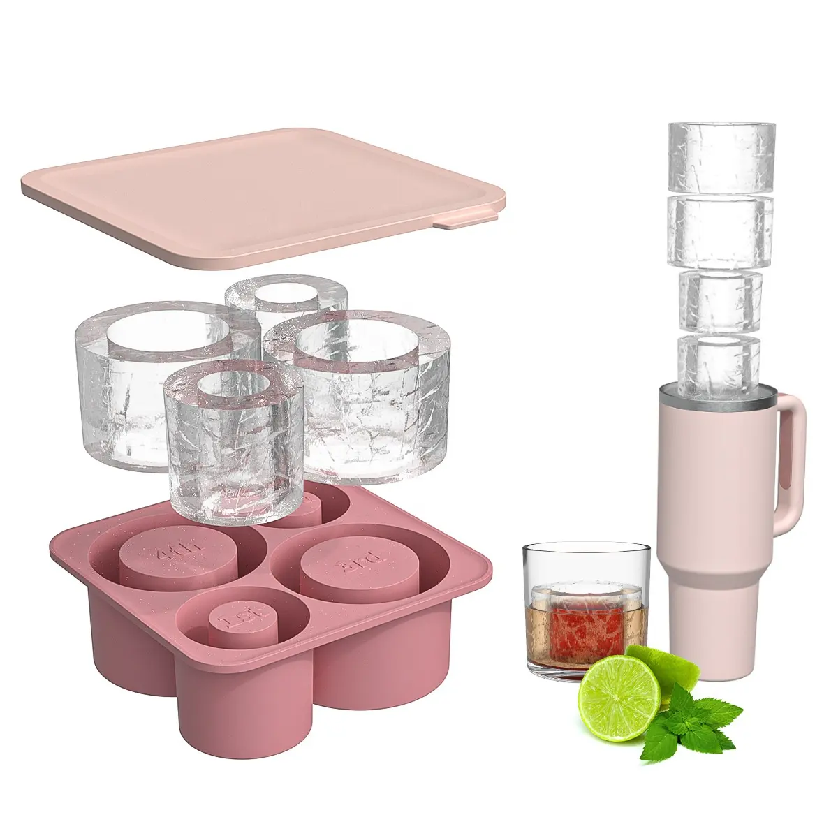 Ice Cube Tray for Stanley Cup Silicone Ice Cube Maker With Lid for Making 4 Hollow Cylinder Ice Cube Molds Tray for Tumbler Cup