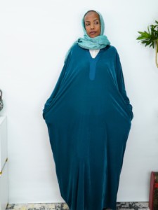Abito <span class=keywords><strong>da</strong></span> <span class=keywords><strong>sera</strong></span> maxi in velluto verde acqua a tinta unita con scollo a Y e maniche a pipistrello, stile Abaya, per donne musulmane, di tendenza per Ramadan ed Eid - Product Image 3