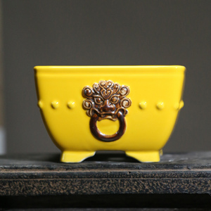 <b>Square</b> Ceramic Lion Face Bonsai Pot Blue Glaze Drum Shape <b>Planters</b> For Indoor Outdoor Use - Product Image 2