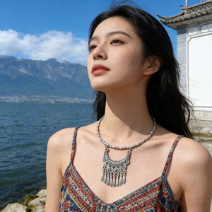 Collar Miao Othere con Borla de Luna Creciente, Colgante Étnico <span class=keywords><strong>Hmong</strong></span> Tallado a Mano con Flecos en Capas, Cadena Delicada de Cuentas de Semillas, Estilo Retro Boho - Product Image 6