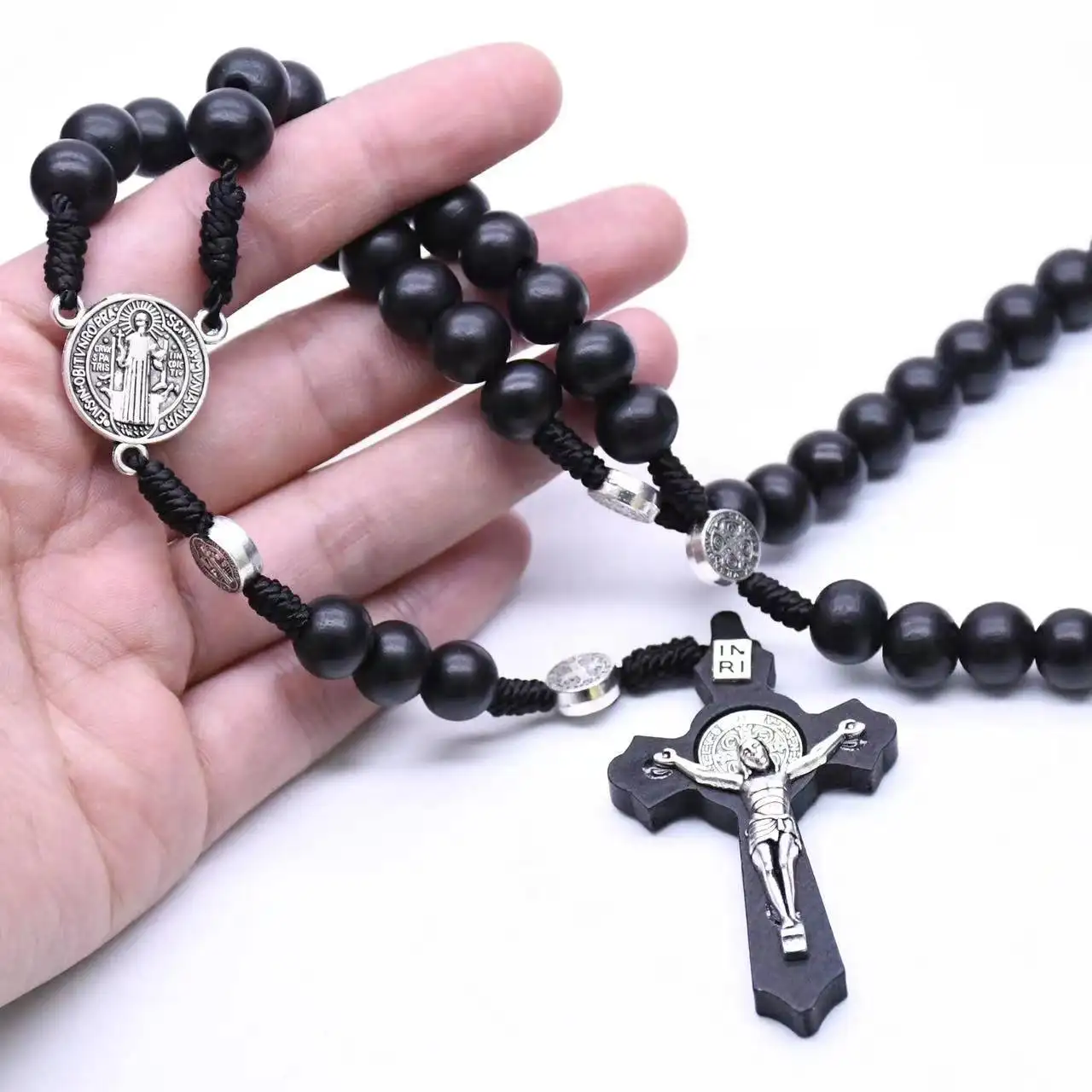 Бусы 10 мм, ожерелье в стиле католики, ожерелье ручной работы с черным деревянным бисером и крестом Розария, ожерелье, религиозные украшения для женщин и мужчин