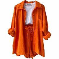 Ensemble décontracté deux pièces pour femme I-0553 : Nouvelle veste d'usine printemps-automne avec chemise à manches longues à revers volantés et short