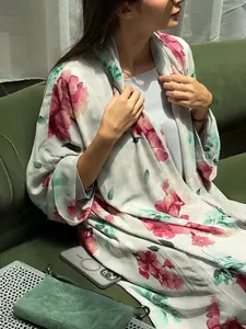 Abaya Aperta sul Davanti per Donne Musulmane, Maniche Lunghe, Caftani, Vestiti Lunghi, Jilbab Mediorientale con Stampa Floreale + Hijab, Set 2 Pezzi - Product Image 2