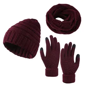 Sıcak satış yüksek kalite şapka örgü kış sıcak yün set şapka atkısı örme mitten eşarp seti en kaliteli örme eşarp setleri
