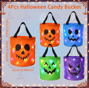New Led Light up Trick or Treat Bucket Reusable <b>Pumpkin</b> Candy Kids Halloween Tote Party Favor Gift Bag - Product Image 4