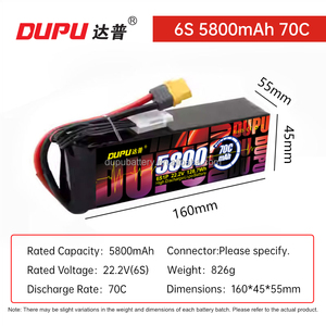 Batería <span class=keywords><strong>para</strong></span> Dron FPV DUPU 6S Semi-sólida de 5800mAh con Conector XT60 XT90, Cátodo LiCoO2, 500 Ciclos - Product Image 2