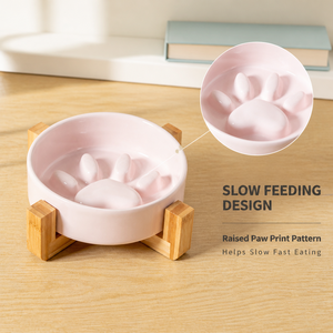 Gamelle <span class=keywords><strong>anti</strong></span>-étouffement en céramique pour chats et petits chiens, avec support en bambou et motif patte de <span class=keywords><strong>chat</strong></span> - Product Image 2