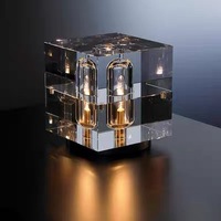 Lampe de table moderne de luxe en cristal, cube en verre géométrique, ampoules dorées miroir pour projet hôtelier, chambre et salon