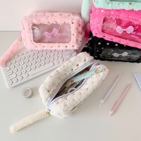 Trousse de Maquillage en Peluche Douce avec Fenêtre Transparente, Imprimé Cœur, Nœud et Fermeture Éclair – Pochette Cosmétique, Trousse à Crayons, Cadeau Mignon pour Filles, Logo Personnalisé, Vente en Gros, OEM