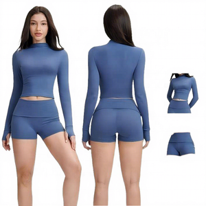 Solid Blue Yoga Set Crew Neck <b>Lace</b> Breathable <b>Elastic</b> Waist Crop High Waist Shorts 2 Piece Activewear Women's Fitness - Product Image 1