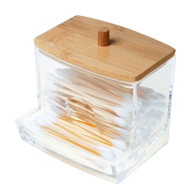 Household cotton swab toothpick dispenser box acrylic cotton swab storage box round 2-grids storage canister with bamboo lid