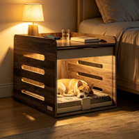 Table d'appoint en bois pour chien avec porte acrylique escamotable, niche pour chien avec station de charge et coussin