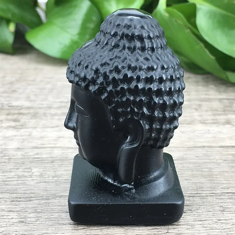 Kepala buddha obsidian kemilau emas alami hewan kristal ukiran tangan untuk dekorasi penyembuhan rumah