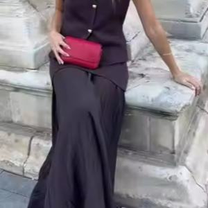 Nouveautés : Ensemble haut court en lin décontracté à revers et jupe longue à taille élastique pour femme, en lin de haute qualité - Product Image 6