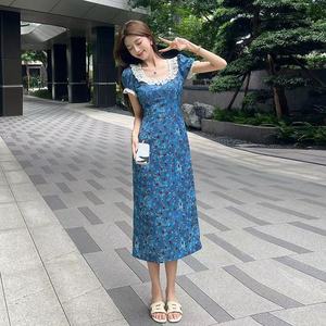 French Retro Blue Floral Print Dress Peter Pan Collar Slim Fit Vacation Wear Casual Dresses - Product Image 4