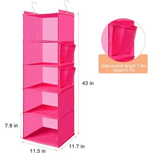 Organizador de armario colgante de 5 niveles con 2 bolsillos laterales, almacenamiento plegable para dormitorio, color rosa - Product Image 3