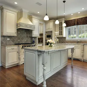 现代风格欧式批发灰白色绘画实木细木工厨房家具带冠柱