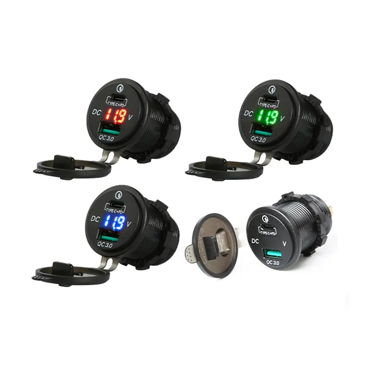 Car Boat Motorcycle 12V 24V DC Waterproof LED Digital Display Power Outlet Voltmeter PD Type C QC3.0 Car Charger USB Socket 12V