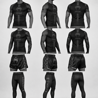 Ensemble 4 pièces noir et argent : short de boxe, maillot de compression, pantalon d'entraînement MMA 100% polyester extensible à séchage rapide, logo personnalisé OEM ODM