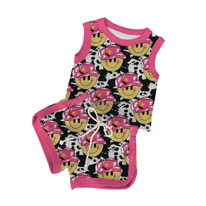 Set di <span class=keywords><strong>Abbigliamento</strong></span> Estivo Personalizzato per Bambine, Due Pezzi Senza Maniche, Canotta e Pantaloncini con Stampa Floreale e Sorriso - Product Image 2