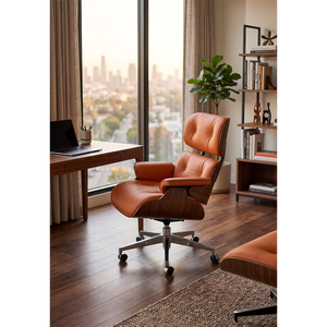 Chaise de bureau de direction en cuir de style moderne <span class=keywords><strong>du</strong></span> milieu <span class=keywords><strong>du</strong></span> siècle, chaise de bureau pivotante inclinable avec coque en bois courbé, coussins épais et roulettes - Product Image 2