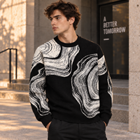 Pull col rond noir personnalisé 100 % acrylique jacquard 7GG 480GSM, motif lignes ondulées surdimensionné, tricoté, vente en gros