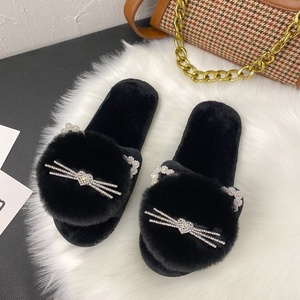 Zapatillas peludas de mujer con punta abierta de nuevo estilo al por mayor, Zapatillas de casa con calefacción plana de piel de conejo y gato barbudo para invierno, nuevas zapatillas extranjeras - Product Image 3