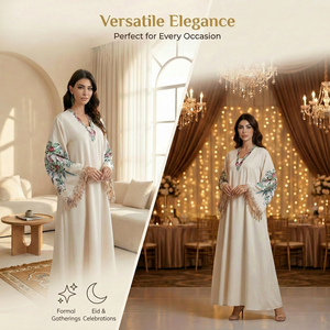 Vestido Largo Islámico con Mangas de Lentejuelas y Borlas, Estampado Crema, para Eventos - Product Image 5