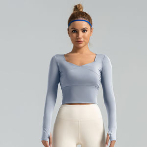 T-shirt de sport à manches longues, coupe verticale, haute élasticité, effet amincissant à la taille, col rond, idéal pour le yoga (vente en gros) - Product Image 1
