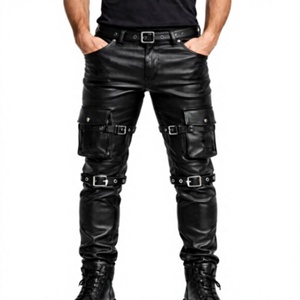Jean décontracté en cuir noir pour homme, taille mi-haute, coupe droite, avec plusieurs poches, fermeture boutonnée, coupe-vent, idéal pour l'automne - Product Image 1