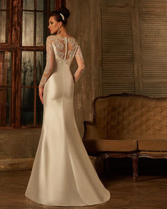 珠饰长袖法国缎子2件美人鱼婚纱带蝴蝶结可拆卸火车前庭 - Product Image 3