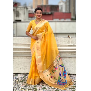 Saree Paithani en organza jaune traditionnel avec un design tissé Zari complexe, parfait pour les occasions festives et les vêtements ethniques élégants - Product Image 1