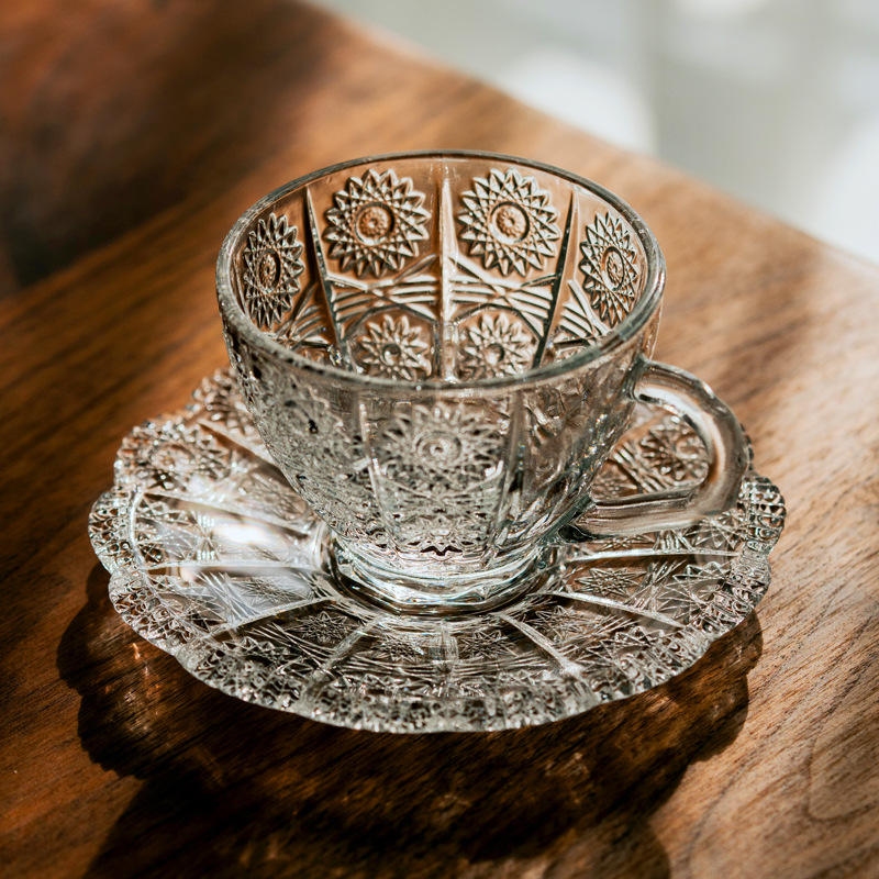 Engraved Coffee Mug with Tray Drinking Cup with Plate Drinks Set Good  Quality High White Tea Glass Mug Drink Ware Set Glasware