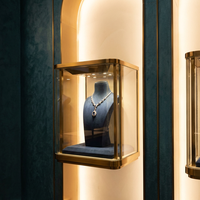 Vitrine murale et sur pied à deux niveaux pour bijoux, cadre or champagne, éclairage LED, pour magasin de diamants