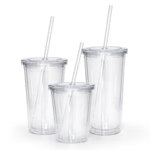 Wholesale 12oz 16oz 24oz BPA free Double Wall Clear Plastic Juice Water Tumbler Tea Coffee Mug with Straw and Lids