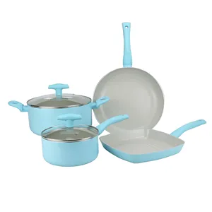 Hochwertige Blue Cooking Ware Antihaft-Sets aus weißer Keramik Suppe & Suppen töpfe und Pfannen mit weichem Griff