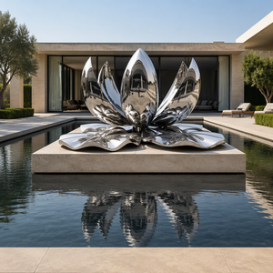 Grande sculpture de fleur de lotus en acier inoxydable poli miroir, fontaine d'eau, statue de jardin extérieure, décoration d'art public moderne - Product Image 2