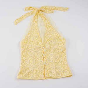 Top Halter de Encaje Amarillo para Mujer con Botones de Perlas, Blusa Transparente con Cuello en V y Estampado Floral, Ajuste Delgado, Sexy, Top Corto de Verano 2026 Nuevo - Product Image 6