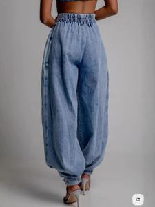 <span class=keywords><strong>Pantaloni</strong></span> Parachute in Denim <span class=keywords><strong>Blu</strong></span> con Zip Frontale e Orlo Regolabile, Gamba Larga, Vita Alta, Jeans Baggy per <span class=keywords><strong>Donna</strong></span> - Product Image 3
