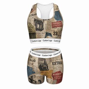 Set <span class=keywords><strong>di</strong></span> Reggiseno Sportivo ad Alto Impatto e Pantaloncini con Stampa Giornale, Certificato CE, per Donna, Abbigliamento Sportivo e Lingerie da Palestra - Product Image 2