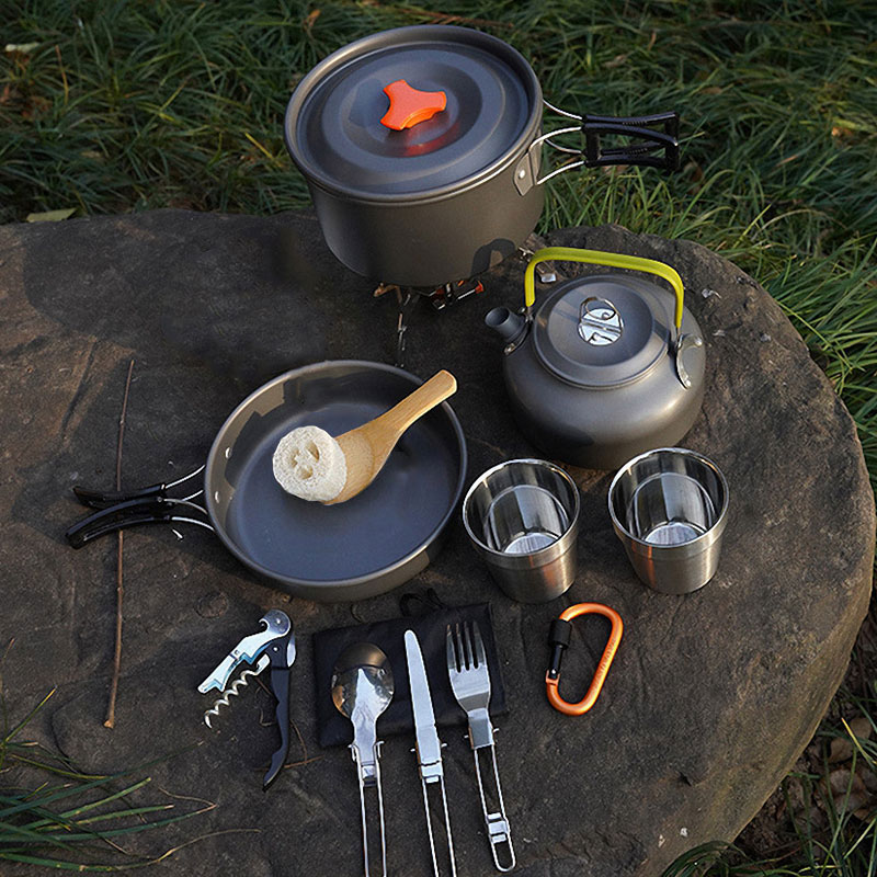 Winpolar 2-3 Mensen Kamp Kookgerei Set Theepot Picknick Backpacken Gear Camping Koken Set Koekenpan Pot Outdoor Accessoires