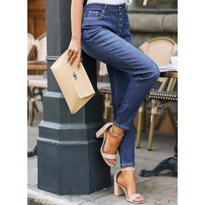 2025 Pantalones vaqueros de pierna recta azul para mujer, pantalones vaqueros ajustados con forro polar abotonados de cintura alta, Vaqueros elásticos transpirables US8 - Product Image 1