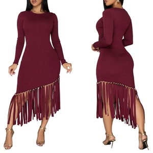 Vestidos de Moda para Mujer, Ajustados, de Color Sólido, Manga Larga, Cuello Redondo, con Flecos en el Bajo - Product Image 1