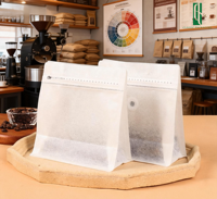 Sacs à café biodégradables avec valve et fermeture éclair, sacs en papier de coton semi-transparents à fond plat, Bolsas Para Café 250g 500g Emballage