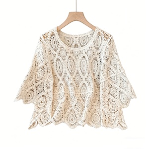 Bohemian <strong>White</strong> Crochet Lace <strong>Shrug</strong> <strong>Women's</strong> Full Sleeve Hollow Beach Cover up Summer Casual Thin Vintage Knit TopOEM ODM Supported - Product Image 2